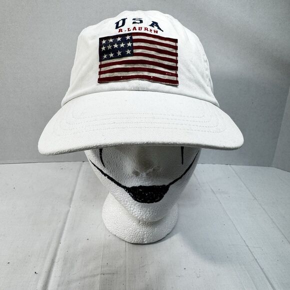 VTG Polo Ralph Lauren Baseball Cap White USA Flag Dad Hat Back Strap Embroidery - Picture 1 of 12